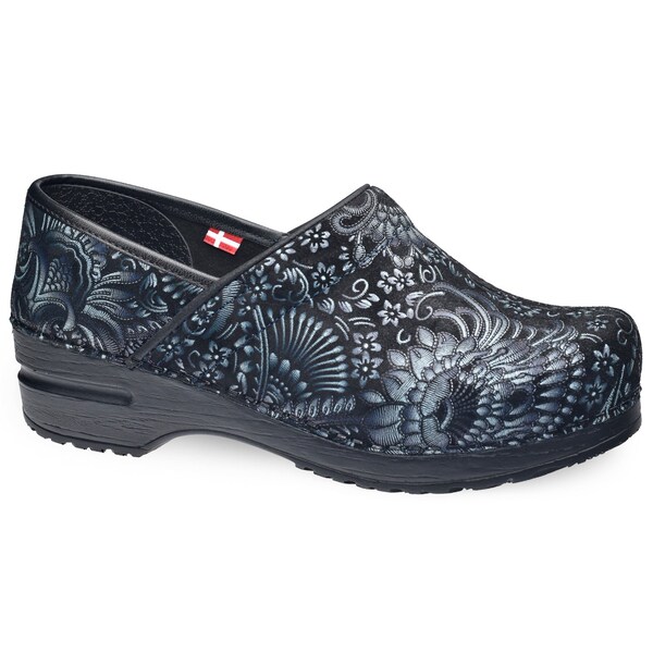 Women's Closed Back Clog, Printed leather Upper, Polyurethane Outsole, Blue, Size 8.5-9 M